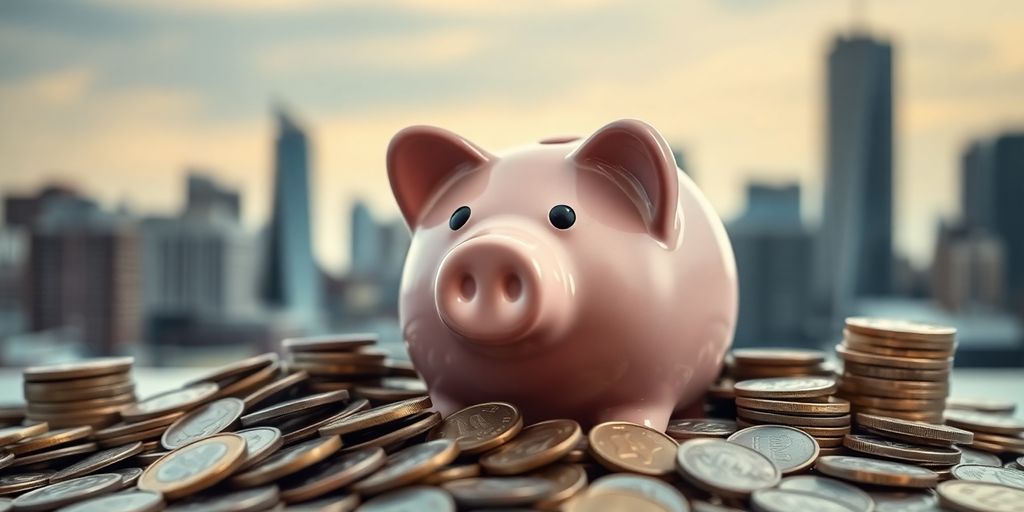 Piggy bank with coins in front of a skyline.
