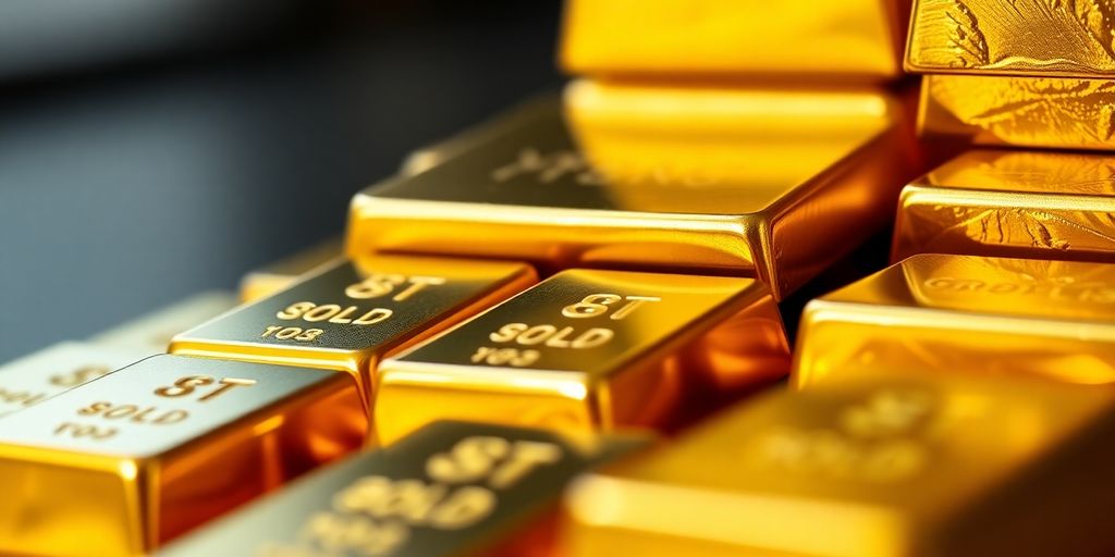 Gold bars stacked, glimmering in soft focus.